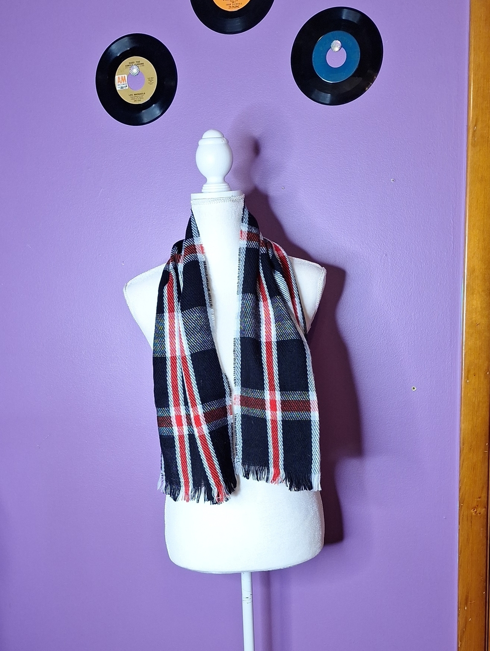 Men's Black and Red Plaid Fringed Scarf